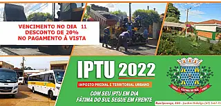 Em Fátima do Sul parcela do IPTU vence na próxima segunda-feira dia 11