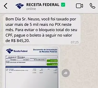 Alerta da Receita Federal para golpe sobre falsa cobrança de impostos no PIX