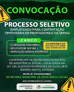 Paranaíba convoca candidatos para processo seletivo da Assistência Social