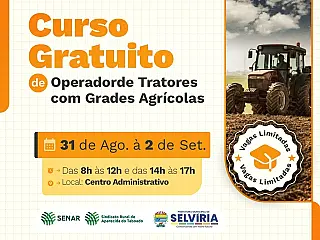 Selvíria oferece curso gratuito para operador de tratores.