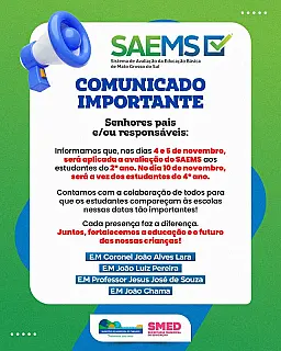 SAEMS será aplicado em novembro para alunos do 2º e 4º ano em Aparecida do Taboado