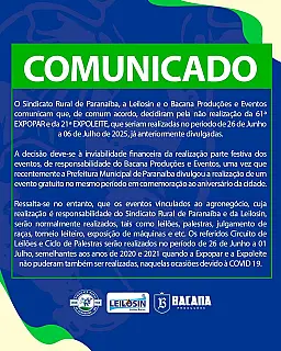 Cancelada a 21ª ExpoPar e a 21ª Expolente em Paranaíba
