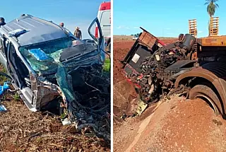 Médica de Nova Andradina fica ferida em grave acidente entre caminhonete e carreta.
