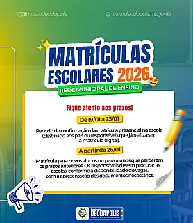 Matrículas 2026 na Rede Municipal de Ensino em Deodápolis