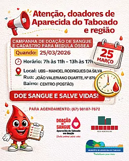 Campanha de doação de sangue será realizada em Aparecida do Taboado no dia 25