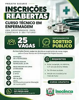 Inocência abre 25 vagas gratuitas para curso Técnico em Enfermagem