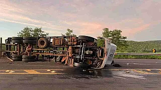 Caminhão com eucalipto tomba na BR-060 e dois ficam feridos gravemente