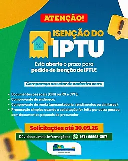 Prazo para solicitar isenção do IPTU segue aberto em Aparecida do Taboado