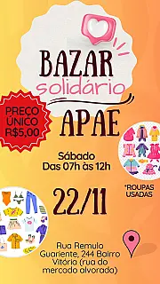 APAE de Ivinhema realiza Bazar Solidário com peças a R$ 5 neste sábado.