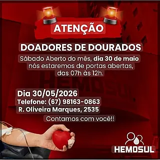 Hemosul de Dourados terá atendimento especial no sábado para Doação de Sangue