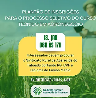 Sindicato Rural realizará plantão de inscrições pra processo seletivo do Curso Técnico
