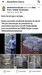 Prefeito Alexandrino agradece Dep Paulo Corrêa e Sérgio Longen por doação de álcool 70%