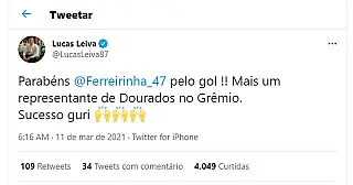 Conterrâneo, Lucas Leiva parabeniza Ferreirinha após gol na Libertadores;