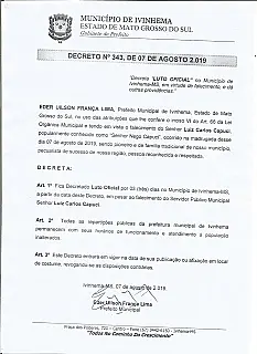 Prefeitura Municipal de Ivinhema decreta luto oficial de três dias.
