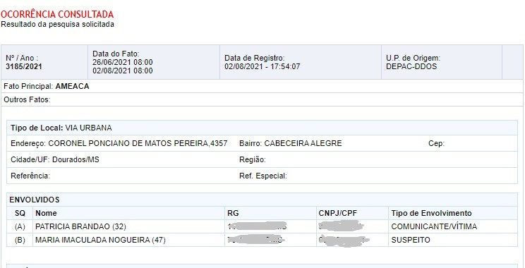 Boletim de ocorrência registrado contra vereadora (Imagem: Reprodução)