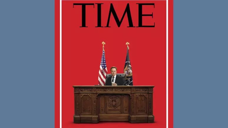 Elon Musk em montagem da revista Time sentado na cadeira presidencial da Casa Branca, representando sua crescente influência política.