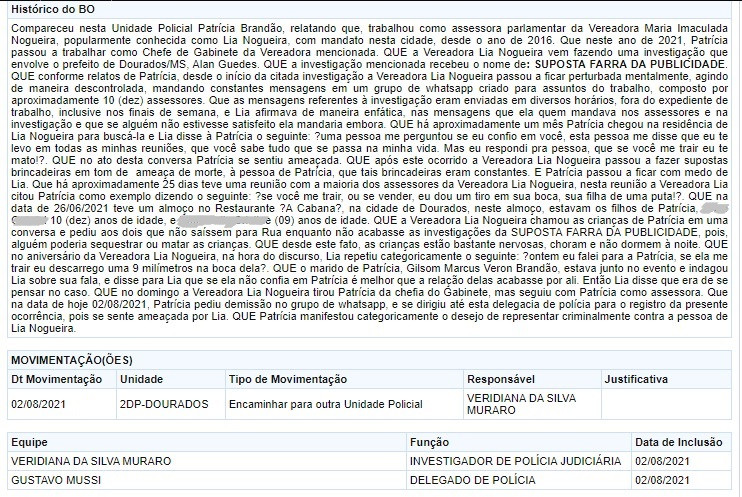 Outra folha do boletim registrado por assessora de vereadora (Imagem: Reprodução)
